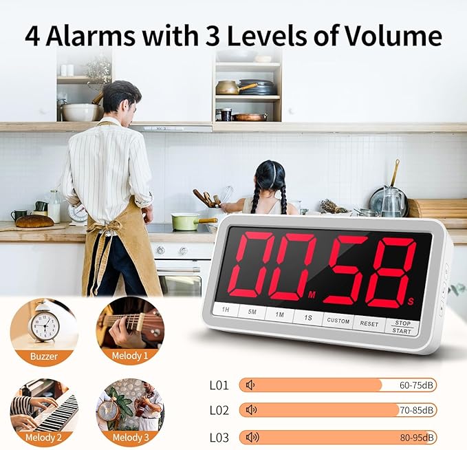 VOCOO Digital Kitchen Timer with 7.8” Extra Large Display, Magnetic, LED with 3 Brightness, 4 Alarms and 3 Volume Levels, Battery Countdown Count Up Timer for Cooking, Classroom, Home Gym (White)