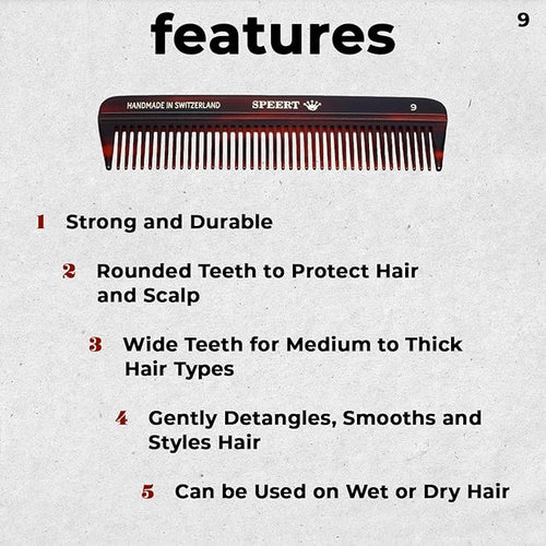 #9 Handmade Wide Tooth Comb Tortoise Havana Acetate Thick Coarse Curly Detangling Parting Grooming Teasing Hair Styling Hairdresser Barber Hairdressing Wet Dry Pocket Travel Women Men Kids