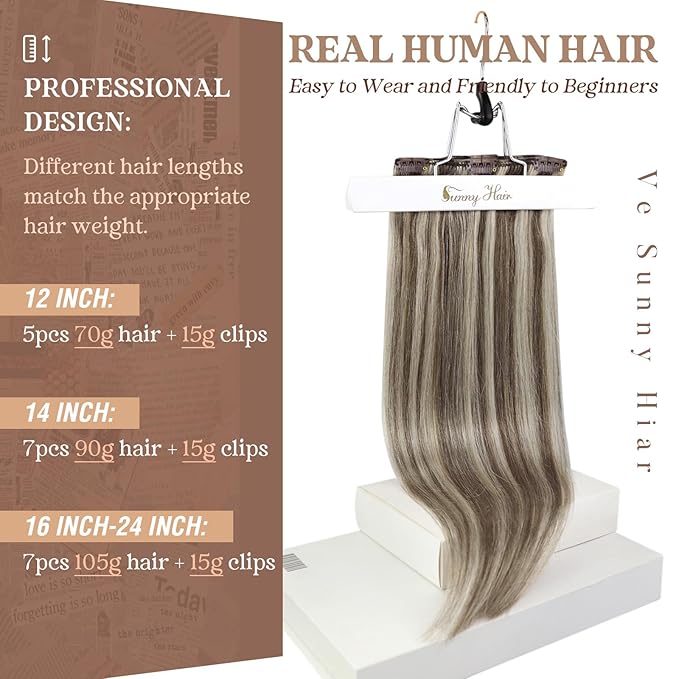 Ve Sunny Real Hair Extensions Clip in Human Hair Light Brown Highlights Platinum Blonde Hair Extensions Clip ins Thick Remy Straight Human Hair for Women 7pcs 120g 18 inch