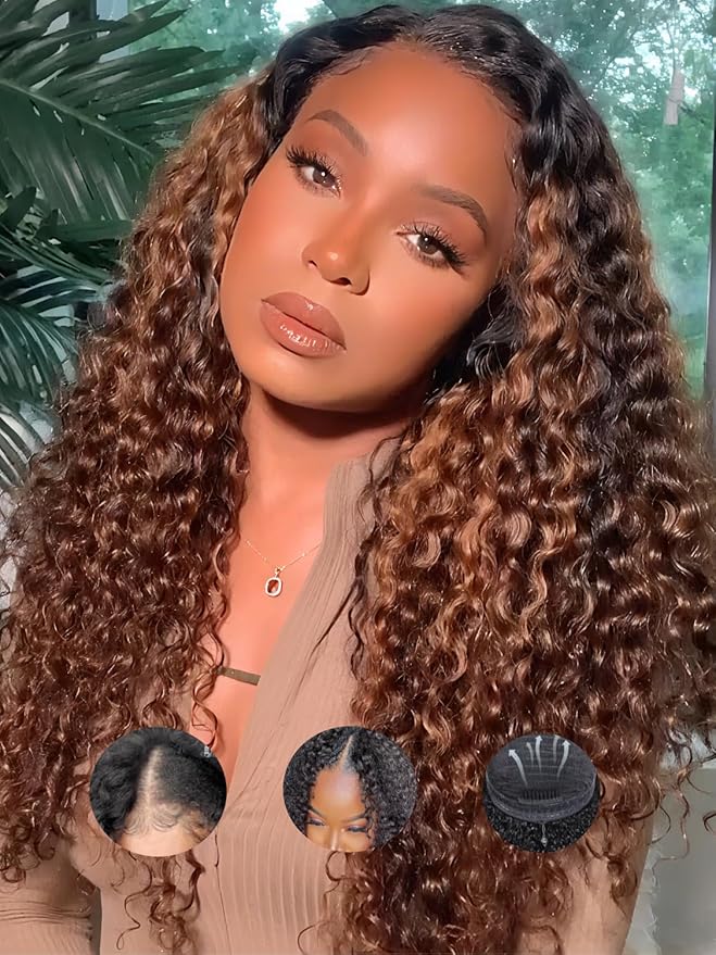 YIROO EasiContour V Part Wigs Ombre Brown Glueless Human Hair Upgrade U Part Wig with Dark Roots Highlight V Shape Clip Wigs Beginner Friendly with Drawstring Ready to Wear Chestnut Brown Color 18Inch