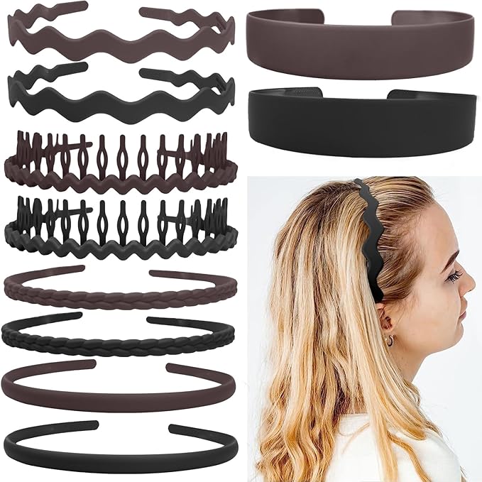 LAPOHI 10 PCS Fashion Black Brown Effortless Plastic Headbands with Teeth Comb Black Skinny Headbands No Slip Hair Bands for Women Men Teen Girls
