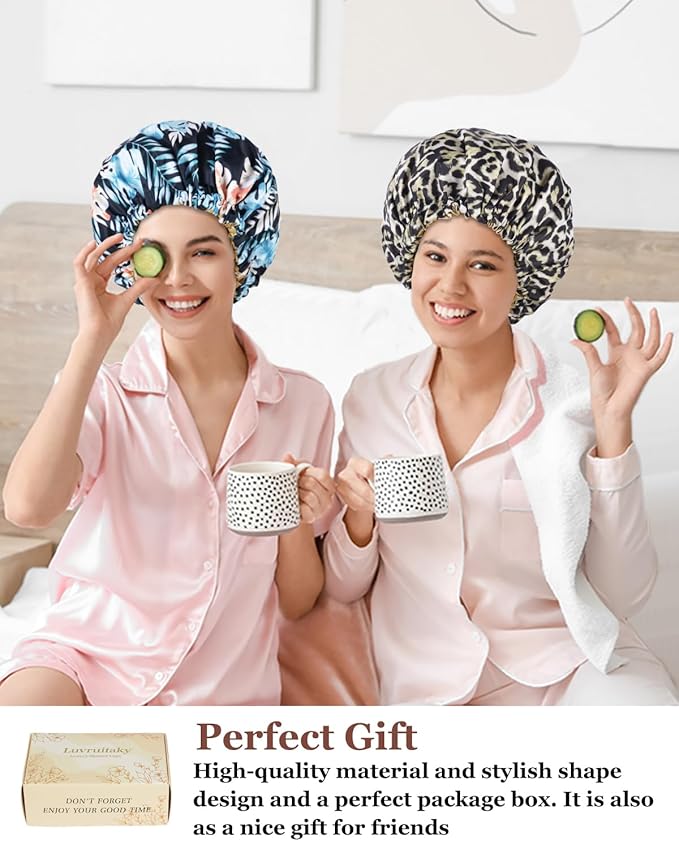 Large Shower Caps for Women Reusable Waterproof Satin Lined Shower Cap with Adjustable Band Double Layer Design Luxury Washable Bath Hair Bonnet (Pink Palm)