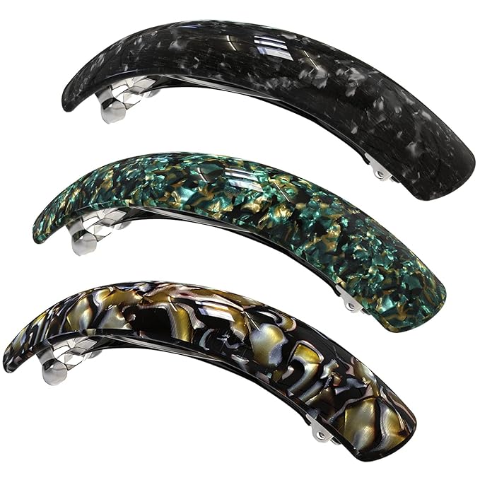 Large Hair Barrettes for Women Fine Thick Hair, French Barrette Hair Clips Ponytail Clamps Clasp Stylish Hair Accessories- 3Pcs (Black, Brown, Green)