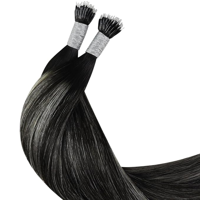 YoungSee Nano Ring Hair Extensions Black Ombre Nano Hair Extensions Real Human Hair Ombre Black to Silver Nano-Bead Hair Extension Human Hair Balayage Silver 1g/s 50g 20inch