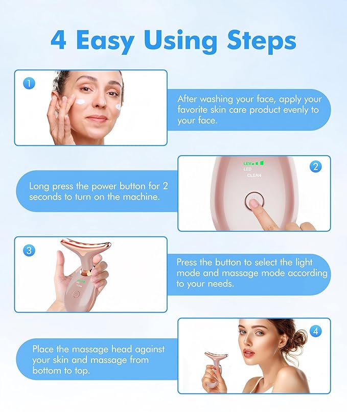 Red Light Therapy for Face and Neck, 7 Color Face Massager Tool for Wrinkles, Double Chin, Vibrating Facial Massager with Thermals for Skin Care, Rose Gold