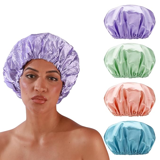 Smilco 4 Pack Shower Caps for Women, Reusable Waterproof Double Layer Bath Cap, Large EVA Elastic Hair Cover for Shower, Fits Long Hair & Braids, for Spa & Home