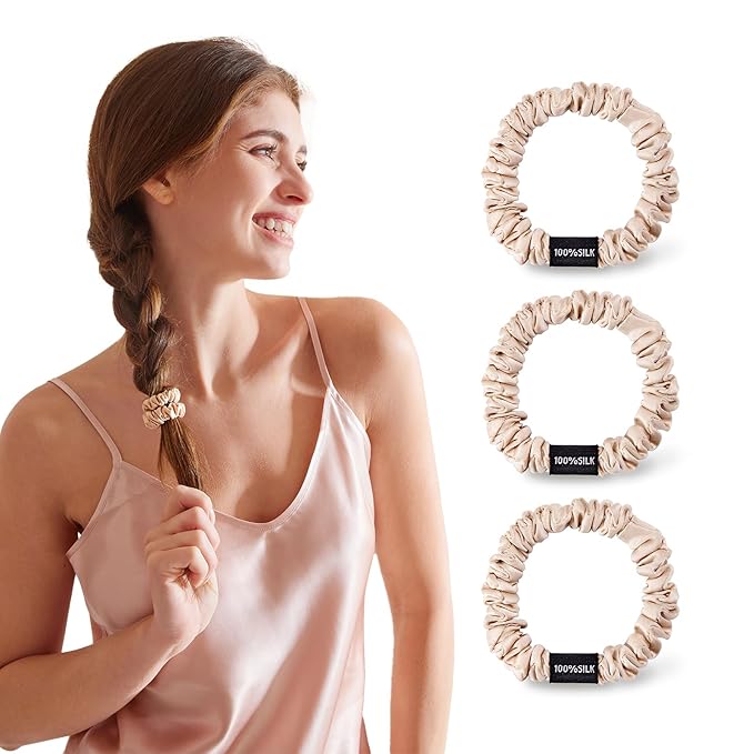 THXSILK 100% Mulberry Silk Scrunchies 3-Pack, 25 Momme Mulberry Silk Hair Ties for Women, Sleek Low Profile No Damage Ponytail Holders, for Fine Hair & Everyday Use, Beige