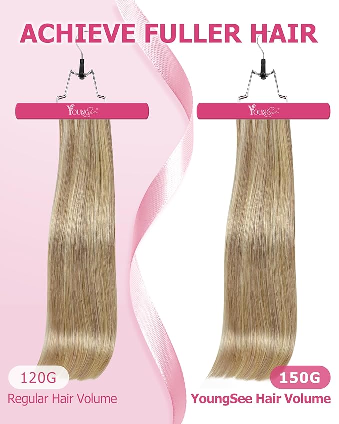 YoungSee Blonde Clip in Hair Extensions Highlights Human Hair Clip in Extensions Light Blonde Highlights Golden Blond Hair Extension Clip ins Easy to Install 7Pcs 120G 14inch