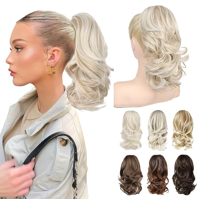 Ponytail Extension - 14" Claw Clip in Ponytail Hair Extensions Natural Soft Synthetic Layered Wavy Pony Tail Hair Pieces for Women - Ash Blonde with Highlights