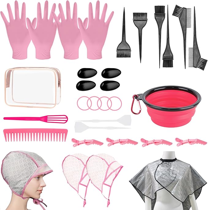 32 Pcs Hair Dye Coloring Kit,Hair Dye Tools for DIY Salon.Hair Dye Brush and Bowl Set/Highlighting Frosting Cap with Plastic Hooks/Dye Brush/Ear Cover/Gloves/Comb/Hairpin/Hair Coloring Cape(Pink)