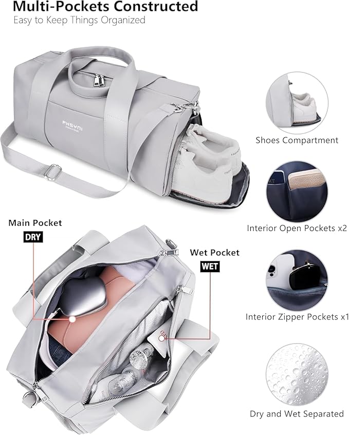 Compact Sports Gym Bag for Women and Men, Cute Mini Duffle Bag with Wet Pocket & Shoes Compartment, Personal Item Travel Workout Bag, 16"-Small, Grey