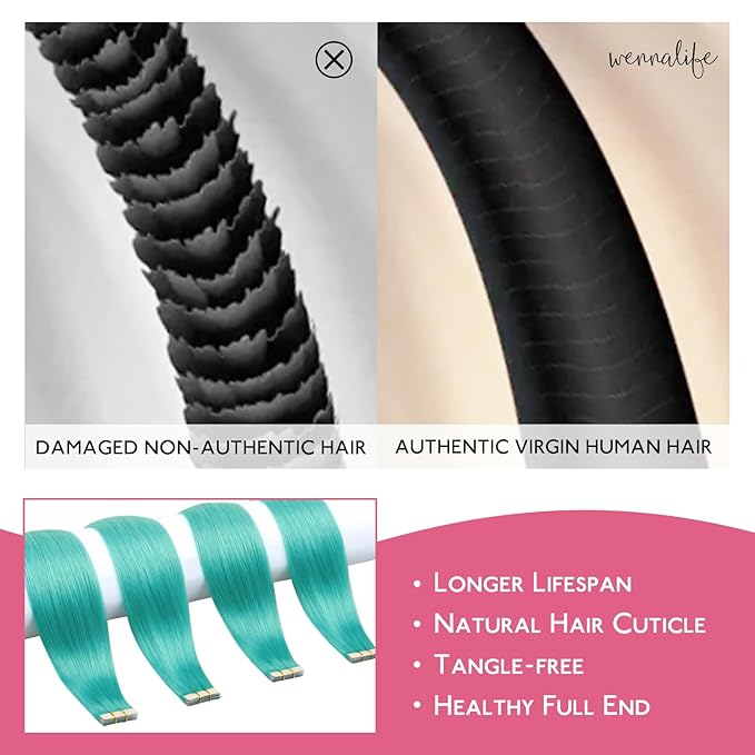 WENNALIFE Tape in Hair Extensions Human Hair Teal Green Tape in Extensions, 10pcs 20g 10 inch Remy Invisible Tape Ins Straight Colored Soft Real Human Hair Tape in Extensions Refill Set Extensions