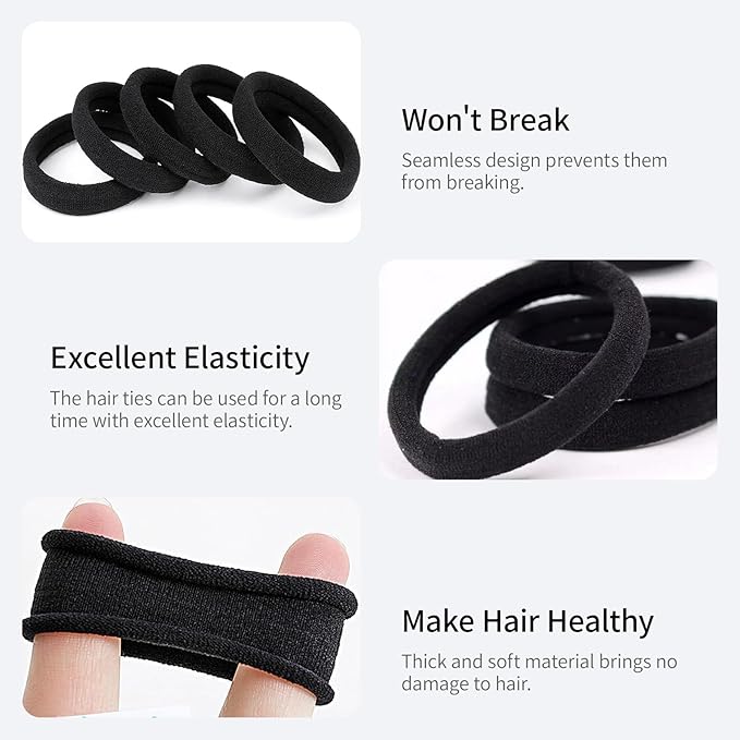 100 PCS Black Nylon Hair Ties for Women, Elastic Hair Bands No Damage for Thick,Seamless Ponytail Holders For Girls All Hair Types.