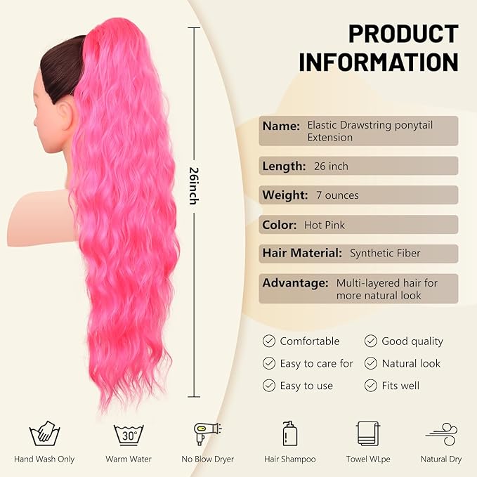 LEEONS 26 inch Drawstring ponytail Extension, Long Wavy pony tails hair extensions for Women - Synthetic Hairpiece Ponytail for Daily Use (Hot Pink)
