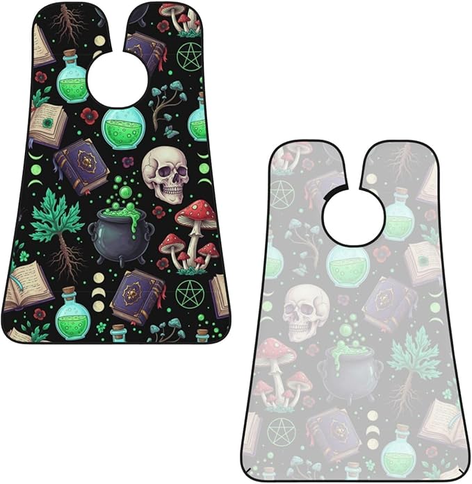 Beard Bib Apron for Men Shaving, Waterproof Non-Stick Hair Catcher with Suction Cups, Grooming Essential for Dad Husband, Witch Witchy Mushroom Skull Goth Gothic Black Shave Bib