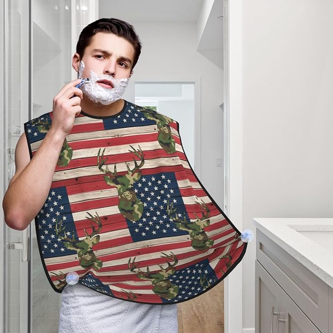 Beard Trimming Hair Catcher, Hunting Deer Camo Camouflage Wooden American Flag Shave Bib, Non-Stick Bib Apron Waterproof, Shaving Tool for Men for Husband Father’s Day