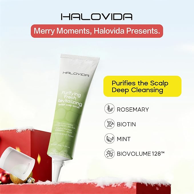 HALOVIDA Sea Salt Rosemary & Mint Scalp Scrub, Clean Silicon Oil-Free, Itchy Relief Scalp Treatment for Dandruff, Gently Exfoliator Cruelty-Free, Relieves Dryness, Promotes Hair Growth