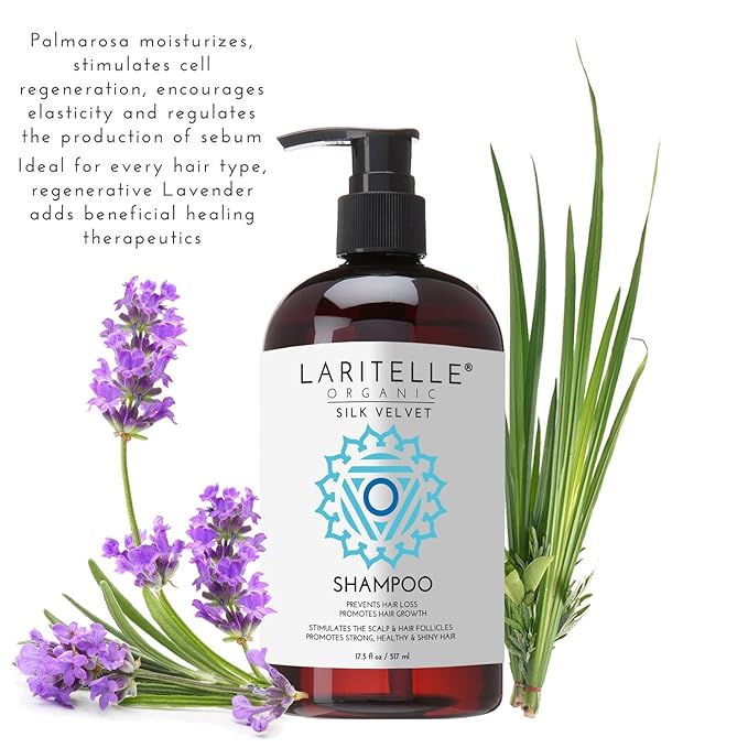 Laritelle Silk Velvet Organic Hair Loss Prevention Shampoo – 17.5 oz – Rosemary, Lavender & Rice Protein Botanical Clean Formula – Made in California