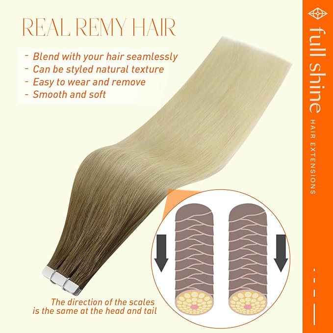 Full Shine Invisible Tape in Hair Extensions Human Hair 14 Inch Tape in Human Hair Extensions Color 3 Dark Brown and 8 Fading to 613 Bleach Blonde 20 Pcs 50G Double Sided Hair Extensions Tape in