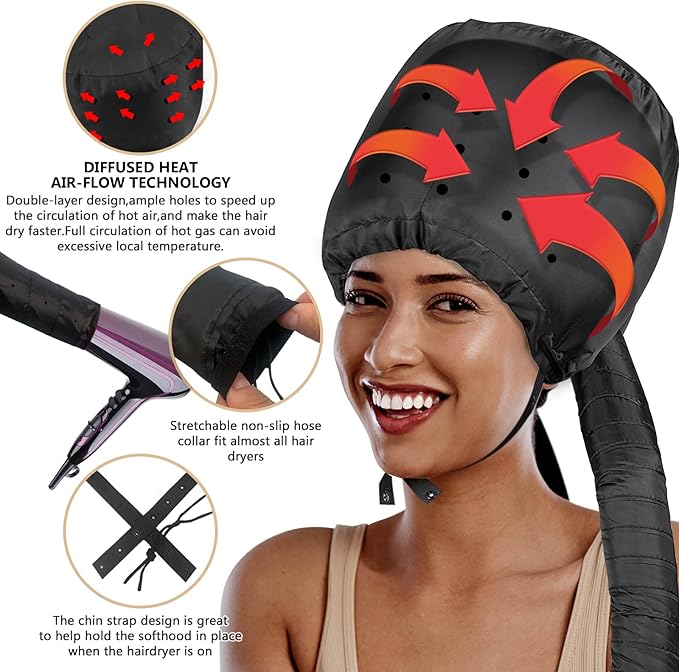 Bonnet Hood Hair Dryer Attachment - Hair Dryer Bonnet with Elastic Strap, Used for Hair Styling, Deep Conditioning and Hair Drying (Black)