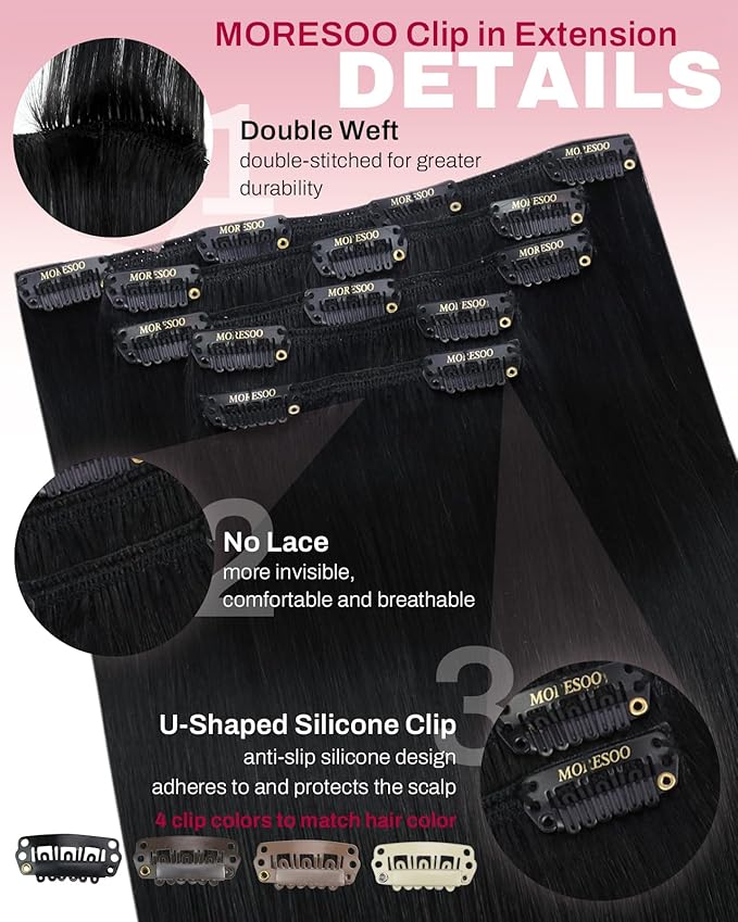 Moresoo Clip in Hair Extensions Remy Double Weft Human Hair Clip in Extensions Straight Hair Extensions for Women Jet Black #1 5pcs 80g 14inch