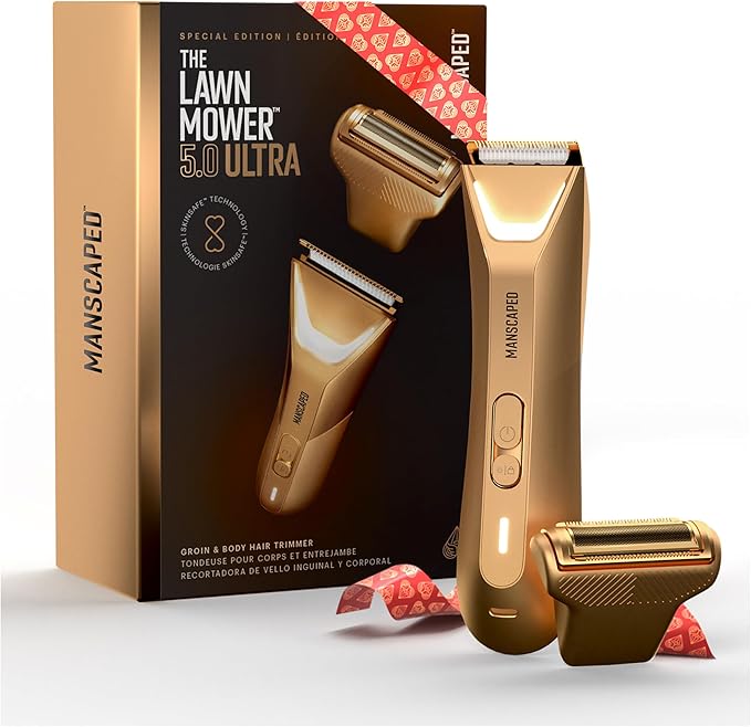 MANSCAPED® The Lawn Mower® 5.0 Ultra Groin & Body Hair Trimmer – Dual-Head SkinSafe® Trimmer & Foil Blades, Waterproof Groomer, USB-C Rechargeable with Travel Case, Men’s Ball Shaver, Forged Gold