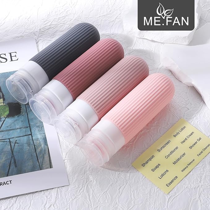 ME.FAN Travel Bottles for Toiletries, TSA Approved 3oz Silicone Journey Size Containers, Portable Split Bottle for Conditioner, Shampoo, Lotion- 4 Pack Pink
