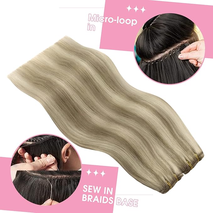 YoungSee Weft Hair Extensions Brown Blonde Sew in Hair Extensions Real Human Hair Light Brown with Blonde Highlight Sew in Extensions Long Straight Hair 22Inch 100G