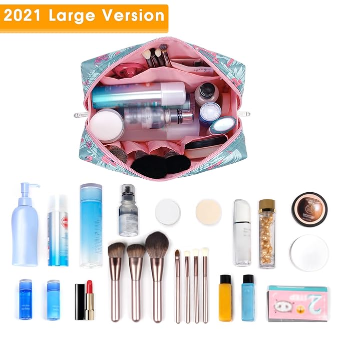 Narwey Cute Makeup Bag Travel Cosmetic Bag Organizer Toiletry Bag Make Up Bags with Compartments for Women Girls (Large, Flamingo)