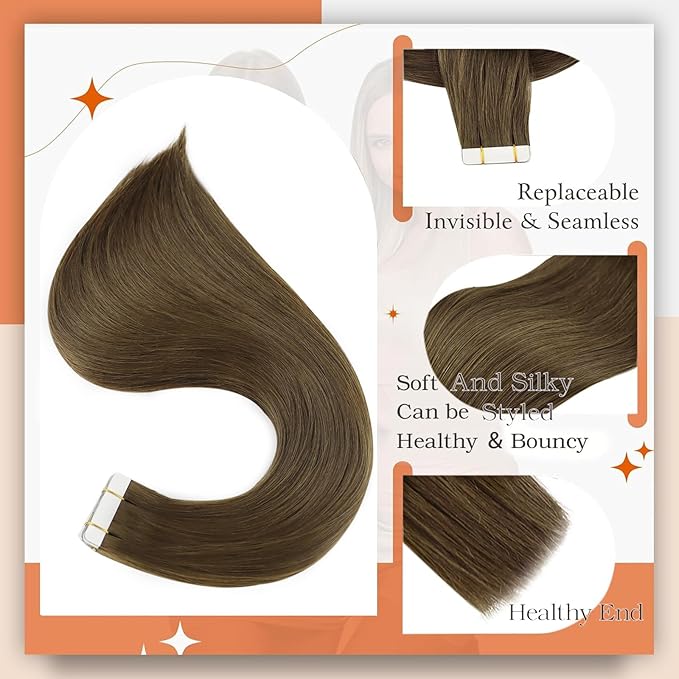 Full Shine Invisible Tape in Human Hair Extensions Color 3 Dark Brown Hair Extensions Tape in Seamless Tapes in Extensions 16Inch Soft Silky 50Gram Natural Straight Hair 20Pcs Remy Hair Extension