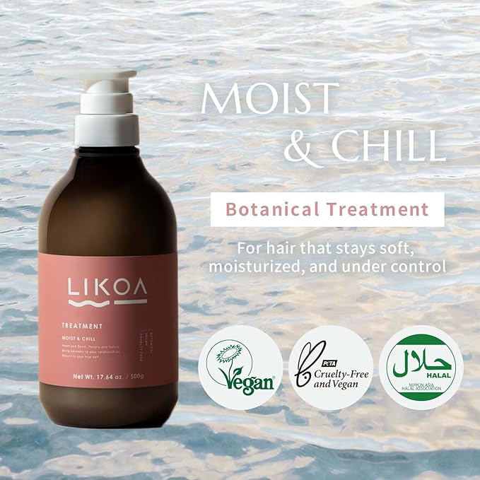 LIKOA, Moist and Chill Hydrating Treatment, Vegan, Halal, for Damaged and Frizzy Hair, Botanical Hair Care, Oriental Floral Scent, Made in Japan, 500g, 17.64oz