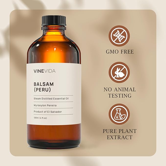 VINEVIDA Balsam (Peru) Essential Oil 4 oz - Undiluted Balsam (Peru) Oil 4 oz - Balsam (Peru) Candle Oil Scent - DIY Candle Scents for Candlemaking - Bulk Essential Oil for Soap Making Safe for Skin