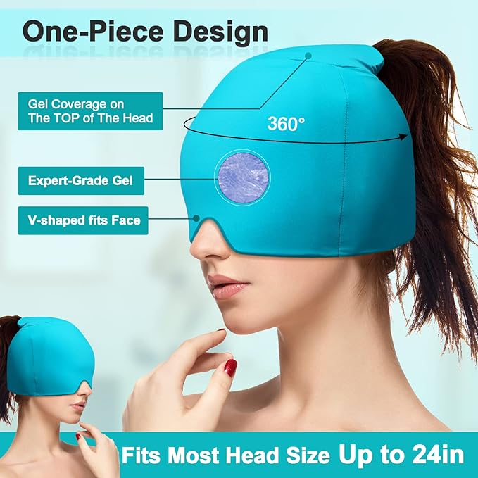 Migraine Relief Cap with Gel Top Coverage, Headache Relief Hat for Migraine Sinus Tension Stress Pain Relief, Migraine Ice Head Wrap Ice Gel Packs Hot Cold Therapy Headache Relief Cap