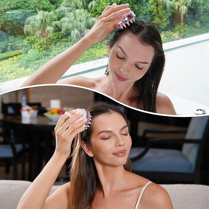 2 in 1 Scalp Massager Hair Growth,Scalp Scrubber with Soft Silicone Bristles for Dandruff Removal,Shampoo Brush for Exfoliation,Head Massager for Both Wet and Dry Use (Pink)