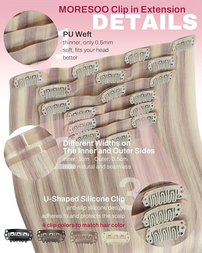 Moresoo Seamless Hair Extensions Clip ins Blonde Highlights Real Hair Extensions Clip in Human Hair Ash Blonde with Bleach Blond to Add Highlights Pure Weft Invisible for Thickness 150g/7pcs 22inch