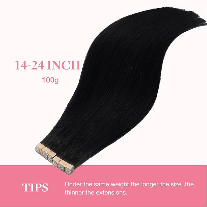 GOO GOO Tape in Hair Extensions Human Hair, 1 Jet black, 14inch 100g 40pcs, Skin Weft Seamless Invisible, Silky Straight with Thick Ends, Remy Human Hair