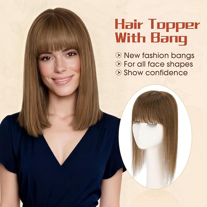 Rich Choices Human Hair Toppers for Women-100% Real Remy Hair Topper with 3D 360°Bang-Upgraded 150% Density 9 * 12CM Lace Base-Clip in Hairs topper for Thinning Hairs-14Inch #4 Medium Brown
