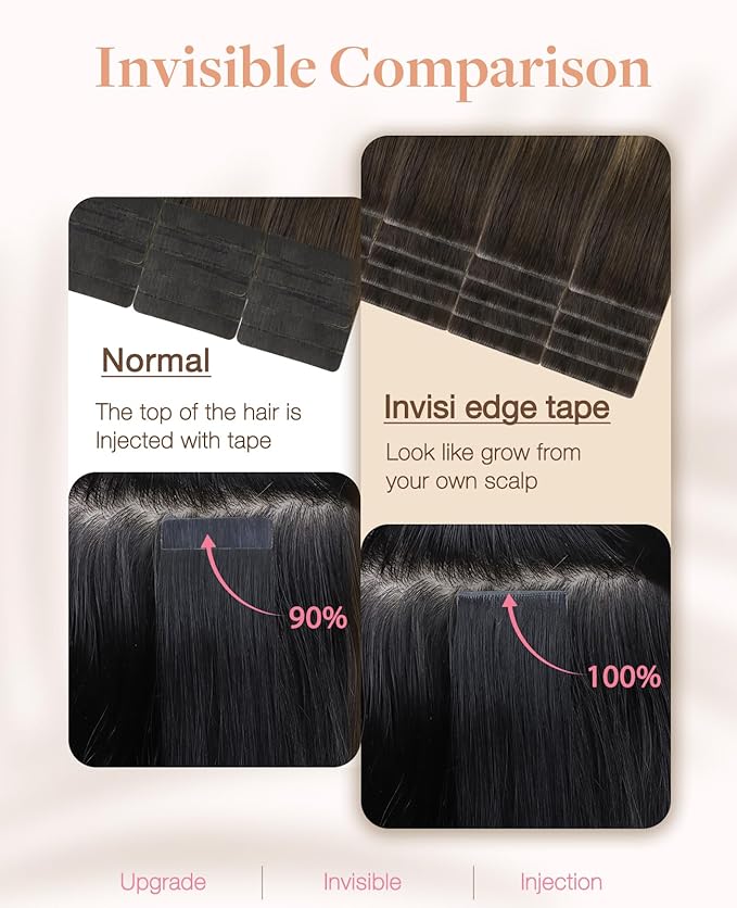 GOO GOO Invisi Edge Tape in Hair Extensions Human Hair, 2/6/18 Balayage Brown to Dirty Blonde, 20pcs 18inch 50g, Virgin Remy Hair, Seamless Injected Tape, Natural Look