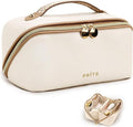 Prite Makeup Bag for Women Travel Waterproof Vegan Leather Cosmetic Bag Open Flat Toiletry Bag With Clear Divider and Handle (Beige)