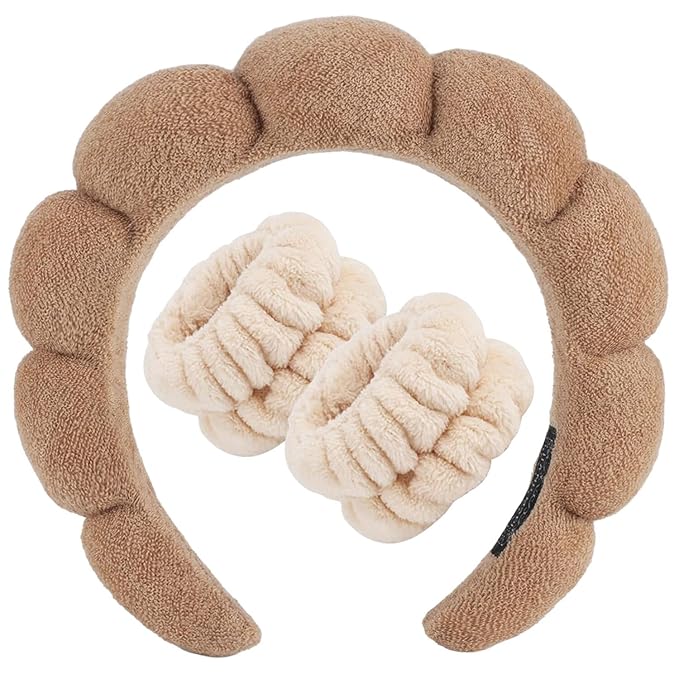 Zkptops Spa Headband for Washing Face Wristband Set Sponge Makeup Skincare Terry Cloth Bubble Soft Get Ready Hairband for Women Girl Puffy Padded Headwear Non Slip Thick Hair Accessory(Brown-2)