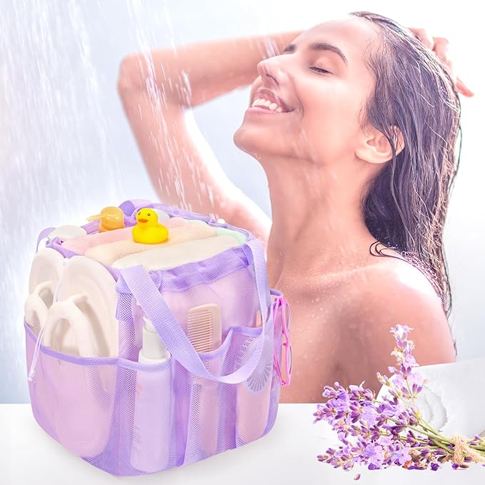 Mesh Shower Caddy Portable with Drawstring, Dorm Room Essentials for College Students Girl & Boy, Larger Shower Bag for Camping,Swimming,Gym,Travel,Bathroom - Purple