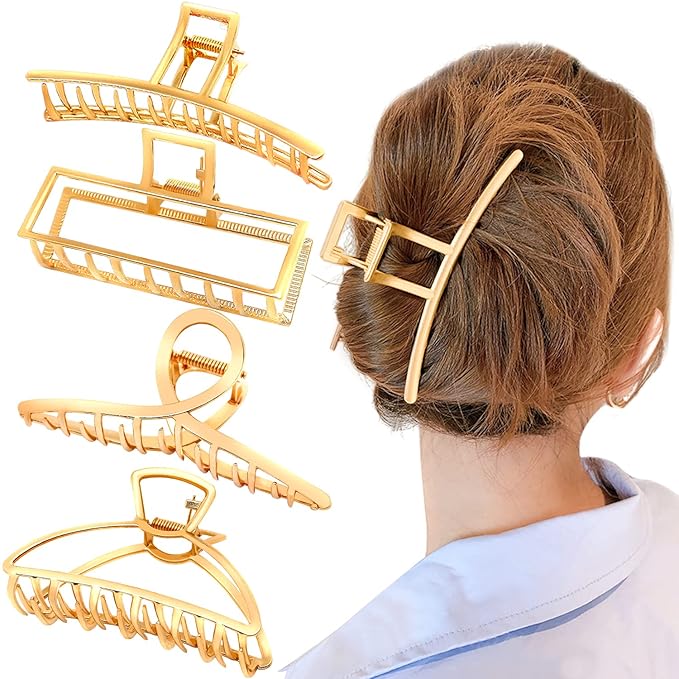 AIBEE Large Metal Hair Claw Clips - 4pcs Nonslip Big Gold Hair Clamps with Strong Hold for Thick and Thin Hair for Women and Girls
