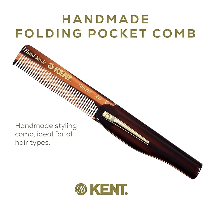 Kent 20T Handmade Folding Pocket Comb for Men, Fine Tooth Hair Comb Straightener for Everyday Grooming Styling Hair, Beard or Mustache, Use Dry or with Balms, Saw Cut Hand Polished, Made in England