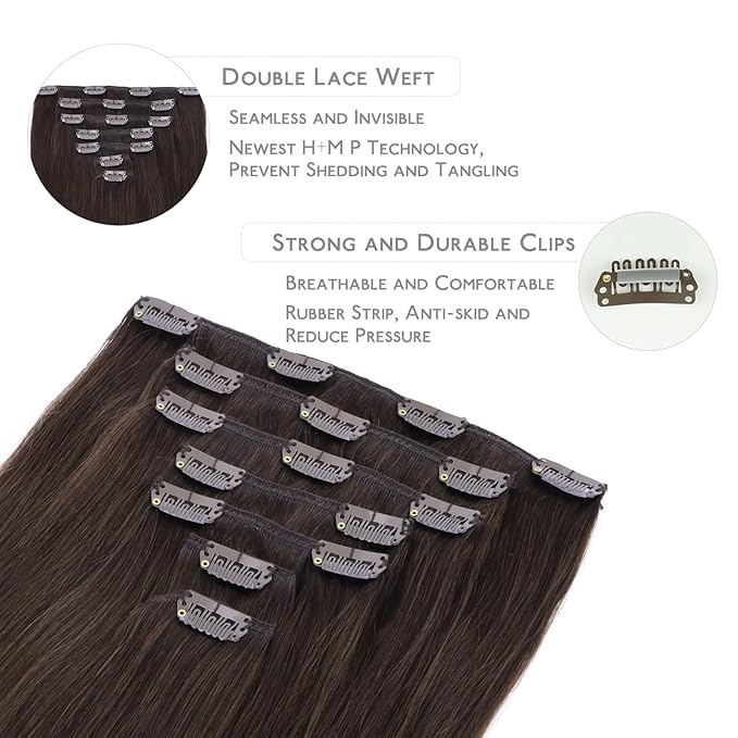 WENNALIFE Clip in Hair Extensions Real Human Hair, 22 Inch 120g 7pcs Light Dark Brown Hair Extensions Clip Ins Human Hair Remy Real Human Hair Double Weft