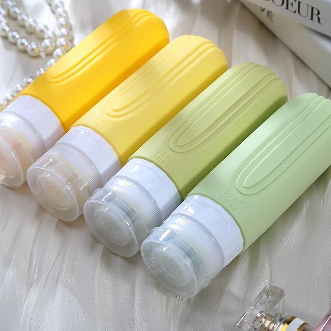 Travel Bottles for Toiletries, Tsa Approved 3oz Travel Size Containers BPA Free Leak Proof Refillable Liquid Silicone Squeezable Travel Accessories for Shampoo Conditioner Lotion (4 Pack)