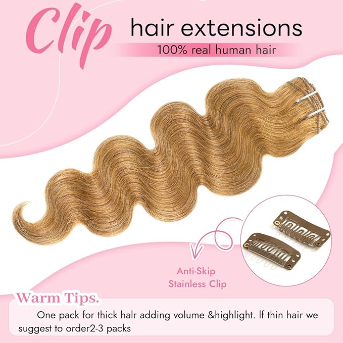 Clip in Hair Extensions Real Human Hair Body Wave 27 Honey Blonde Clip in 100% Brazilian Remy Human Hair Extensions 8pcs Per Set with 18 Clips Double Weft 20 Inch 105g/3.6oz