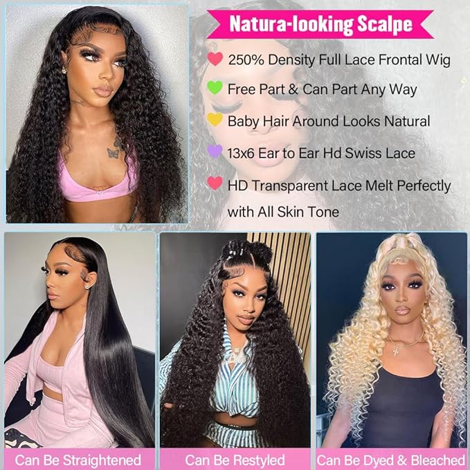 34 Inch Deep Wave Lace Front Wigs Human Hair 250% Density 13x6 HD Transparent Lace Frontal Wigs Human Hair Curly Wigs for Women Pre Plucked with Baby Hair Natural Color
