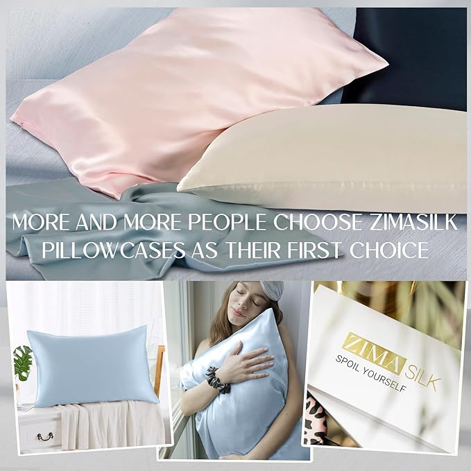 ZIMASILK 100% Pure Mulberry Silk Pillowcase for Hair and Skin Health,Soft and Smooth,Both Sides Premium Grade 6A Silk,600 Thread Count,with Hidden Zipper,1pc (Queen 20''x30'',Light Blue)