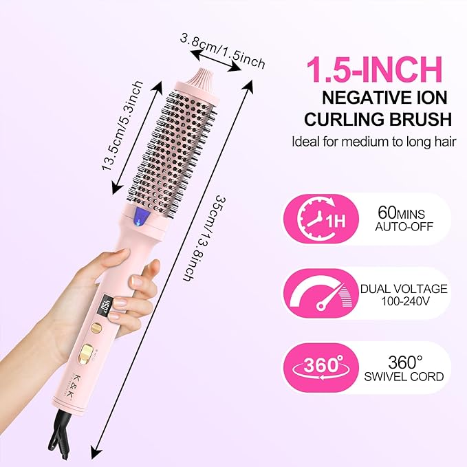 K&K 1.7 Inch Cool-AIR TECH Hair Styling Tool Bounce Brush, Heated Thermal Round Brush with Negative Ion Technology, Multiple Heat Settings for Blowout Look with Hair Care (Pink, 1.7 Inch)