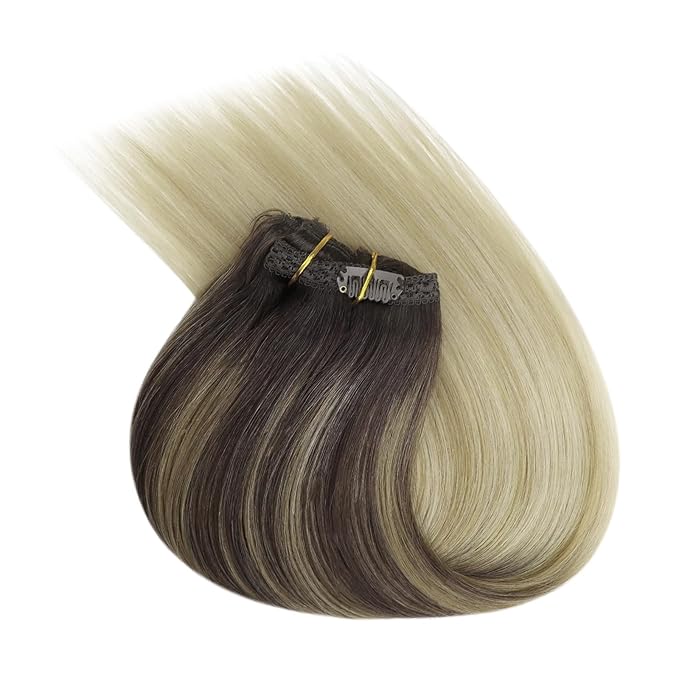 Ve Sunny Clip in Human Hair Extensions Balayage Clip in Hair Extensions Ombre Clip in Extensions Real Human Hair Dark Brown Ombre Dark Golden Blonde Balayage Light Blonde Short Hair 5pcs 80g 12inch